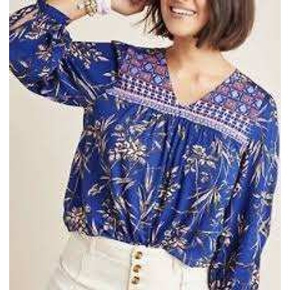 Anthropologie Floral Embroidered Peasant Blouse Navy Blue Size M Long Sleeve